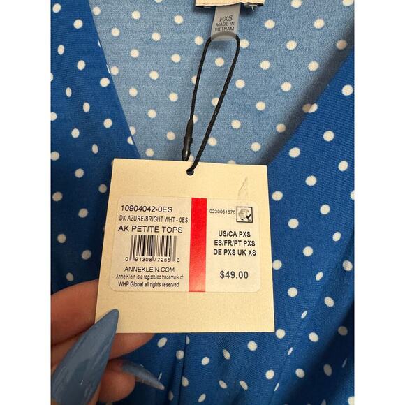 Anne Klein Petite Polka Dot Sleeveless V-Neck Blouse XS Blue Retro Spring Chic - Picture 2 of 5